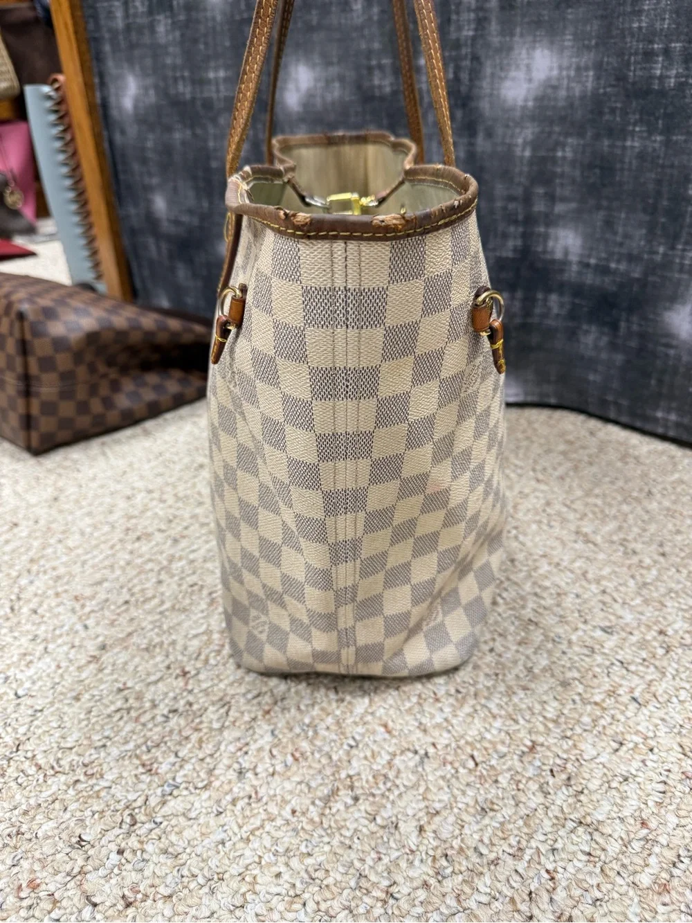 LOUIS VUITTON Neverfull MM White Damier Azur Tote Shoulder Bag Purse N40604$2240